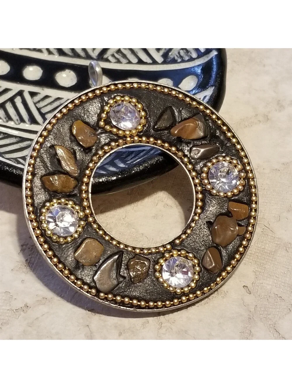 Tribal Kashmiri Lac Tigereye Gemstone Metal 58mm Round Handcrafted Pendant India